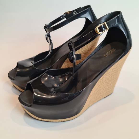 Melissa Women's Jelly 5" Platform Sandals Size 9 Mel Flex Black Bow High Heels - Picture 1 of 12